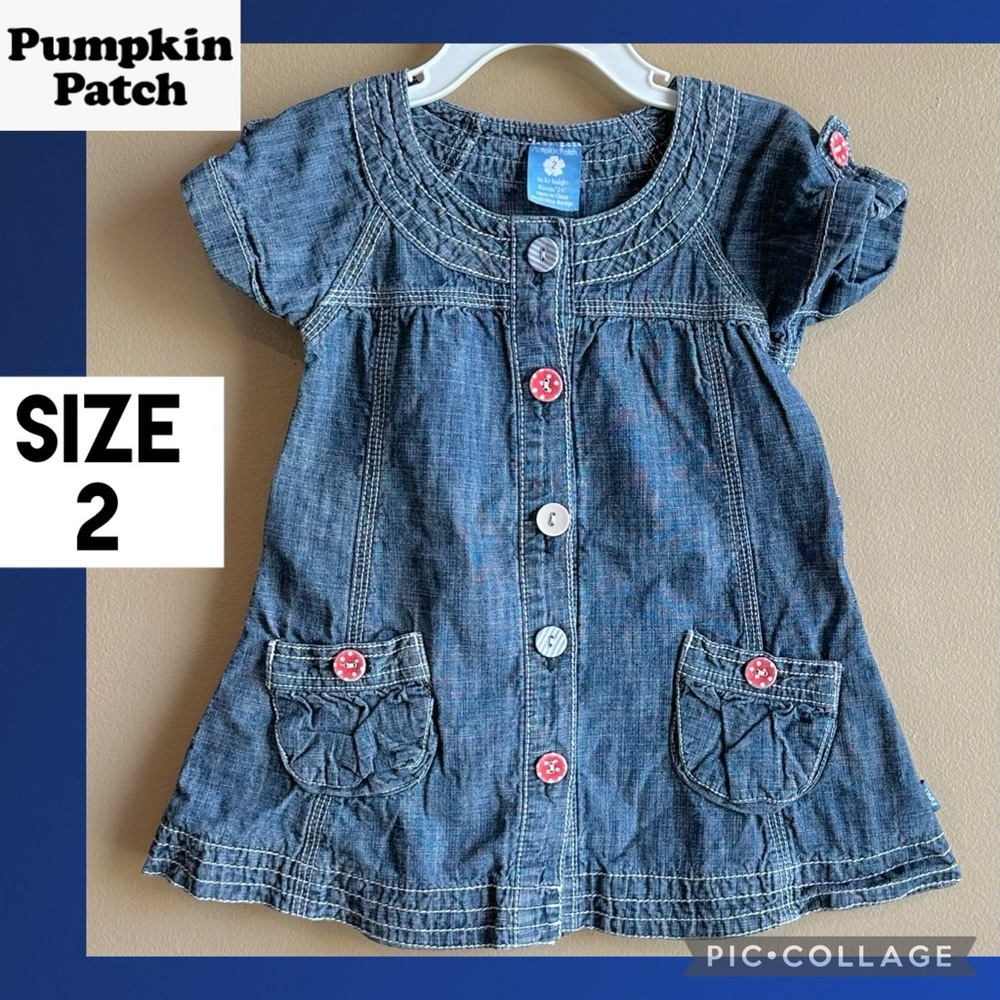 Pumpkin Patch Toddler Girls Dress Denim Short Sleeve Adjustable Waist Buttons 2